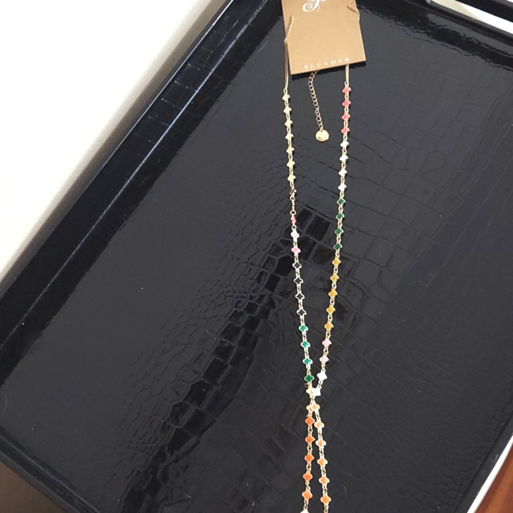 Plunder Necklace, Enamel‎ MultiColors, Clovers Design, Goldtone Chain